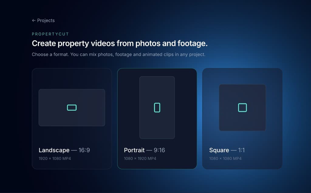 Format picker with landscape 16:9, portrait 9:16 and square 1:1 options.