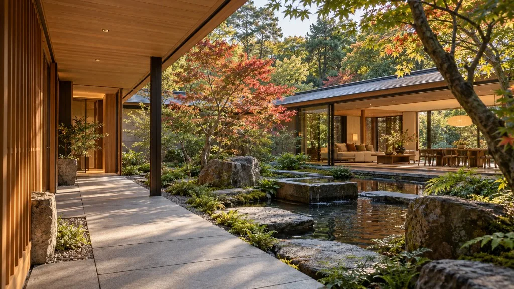 Timber walkway beside a courtyard pool, maple trees and a glazed living room