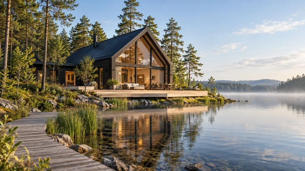 Dark timber lake house with a deck beside still water at dawn