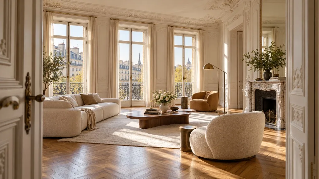 Pale sitting room with tall windows, herringbone flooring and a marble fireplace