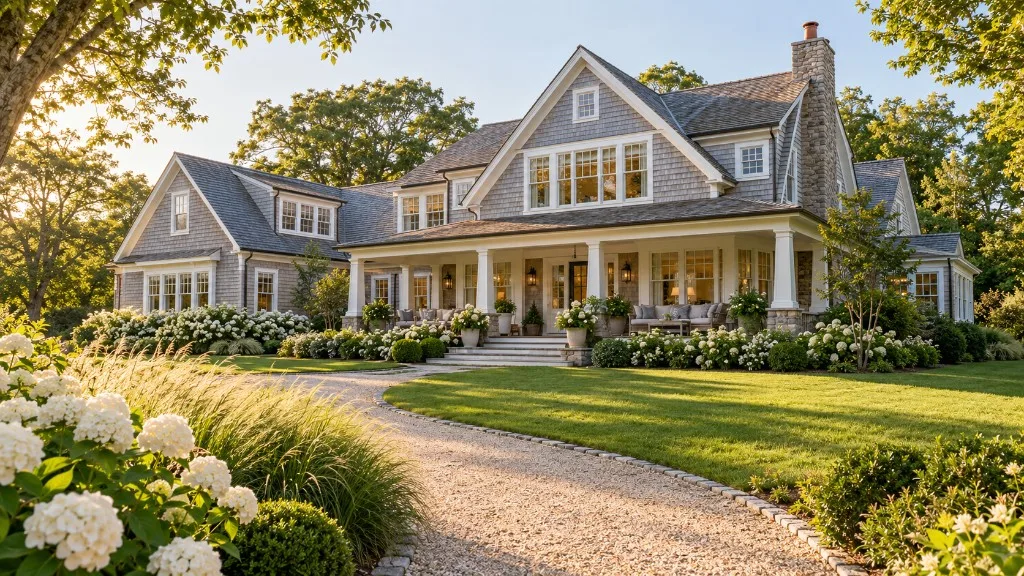 Grey shingle house with a gravel drive, lawn and white hydrangeas
