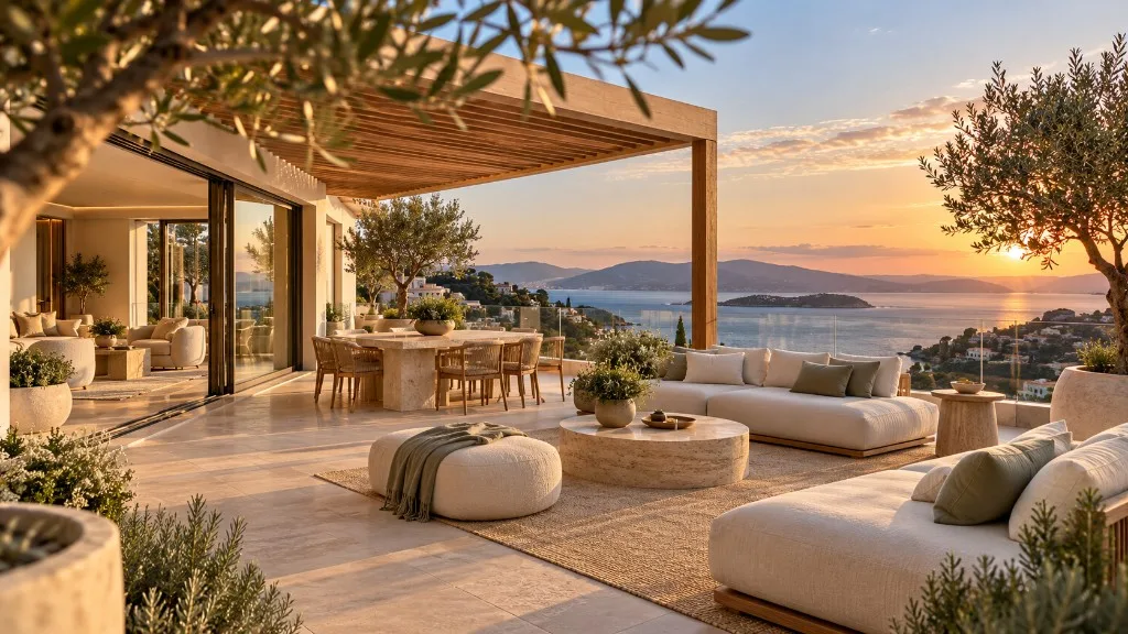 Mediterranean terrace with outdoor seating overlooking the sea at sunset